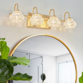 23" Modern Crystal Bathroom Vanity Light, 4-Light Golden Wall Sconce with Clear Glass Shade, Elegant Wall Mount Lighting for Bathroom, Powder Roo
