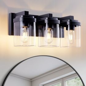 3 Light Bathroom Vanity Light, Matte Black Bathroom Light Fixtures with Clear Glass Shade