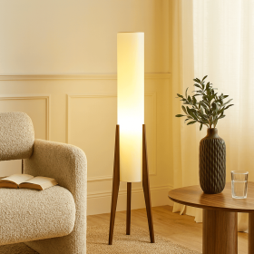 Modern Cylinder Floor Lamp with Wooden Tripod Legs, fabric lamp shade