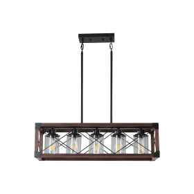 32" Red Wood Industrial Farmhouse Rectangle Pendant Light, 5-Light Chandelier with Lampshade for Dining Room, Kitchen Island, Cafe Decor (No Bulb (Main Material: Iron, Main Color: Black+Red)