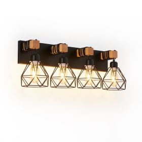 24" Modern Geometric 4-Light Vanity Light Fixture with Black Metal, Wooden Accents and Cage Lampshade for Bathroom, Bedroom (Main Material: Iron, Main Color: Black)