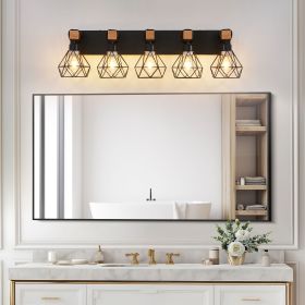 31" Modern Geometric 5-Light Vanity Light Fixture with Black Metal, Wooden Accents and Cage Lampshade for Bathroom, Bedroom (Color: Black, Material: Iron)