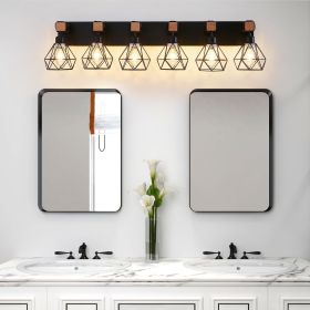 38" Modern Geometric 6-Light Vanity Light Fixture with Black Metal, Wooden Accents and Cage Lampshade for Bathroom, Bedroom (Color: Black, Material: Iron)