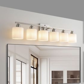 38" Bathroom Vanity Light, 6-Light Nickel Vanity Lights for Bathroom, Wall Sconce Lighting with Milky White Glass Shade, Wall Lights (Color: Chrome, Material: Iron)